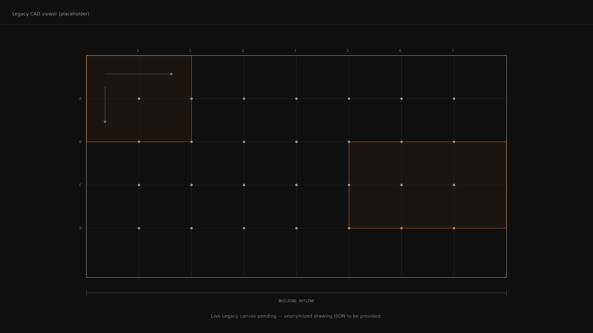Legacy CAD viewer placeholder showing a structural plan: column grid, rebar regions in orange, direction arrows, dimension annotations.