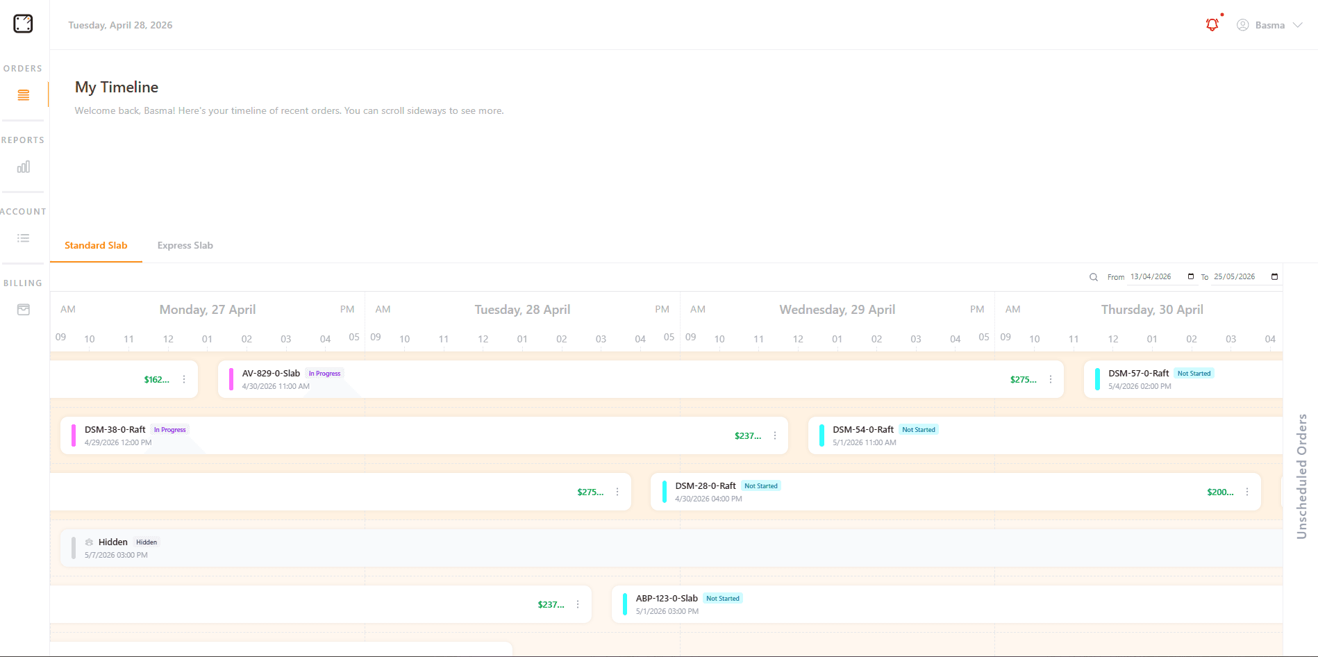 MyBlitz timeline showing the Standard Slab service tab, four resource rows, and orders as colored blocks across a four-day window. Statuses visible: in progress (purple), not started (cyan), and hidden (grey). The unscheduled-orders sidebar is on the right.